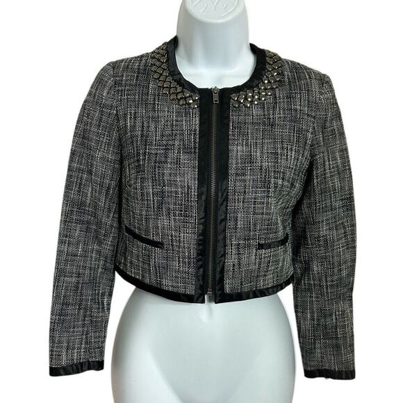 H&M Black Crop Jacket Sz 2 Beaded Collar Tweed Full Zip Long-Sleeve Layering Top - Picture 7 of 8